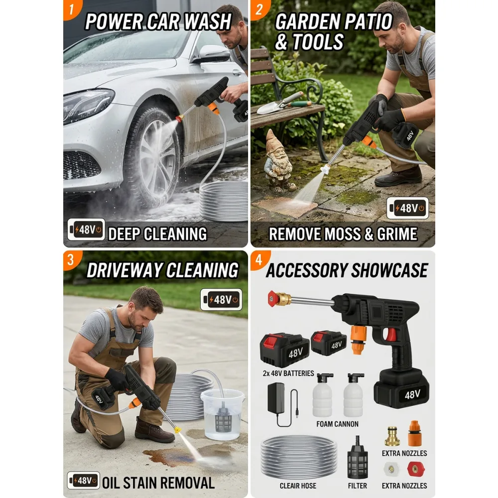 Cordless Pressure Washer 48V Battery Rechargeable, Portable High Pressure Car Washing Pump, Electric Cleaner Gun with 9m Hose for Car, Garden & Home – Black — Our Story